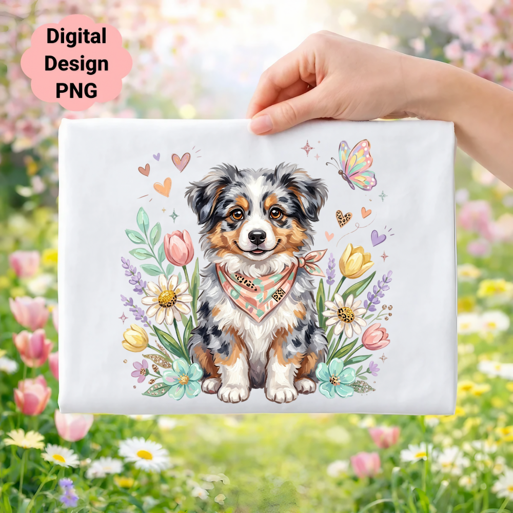Australian Shepherd puppy with flowers and butterfly, "Digital Design PNG" text.