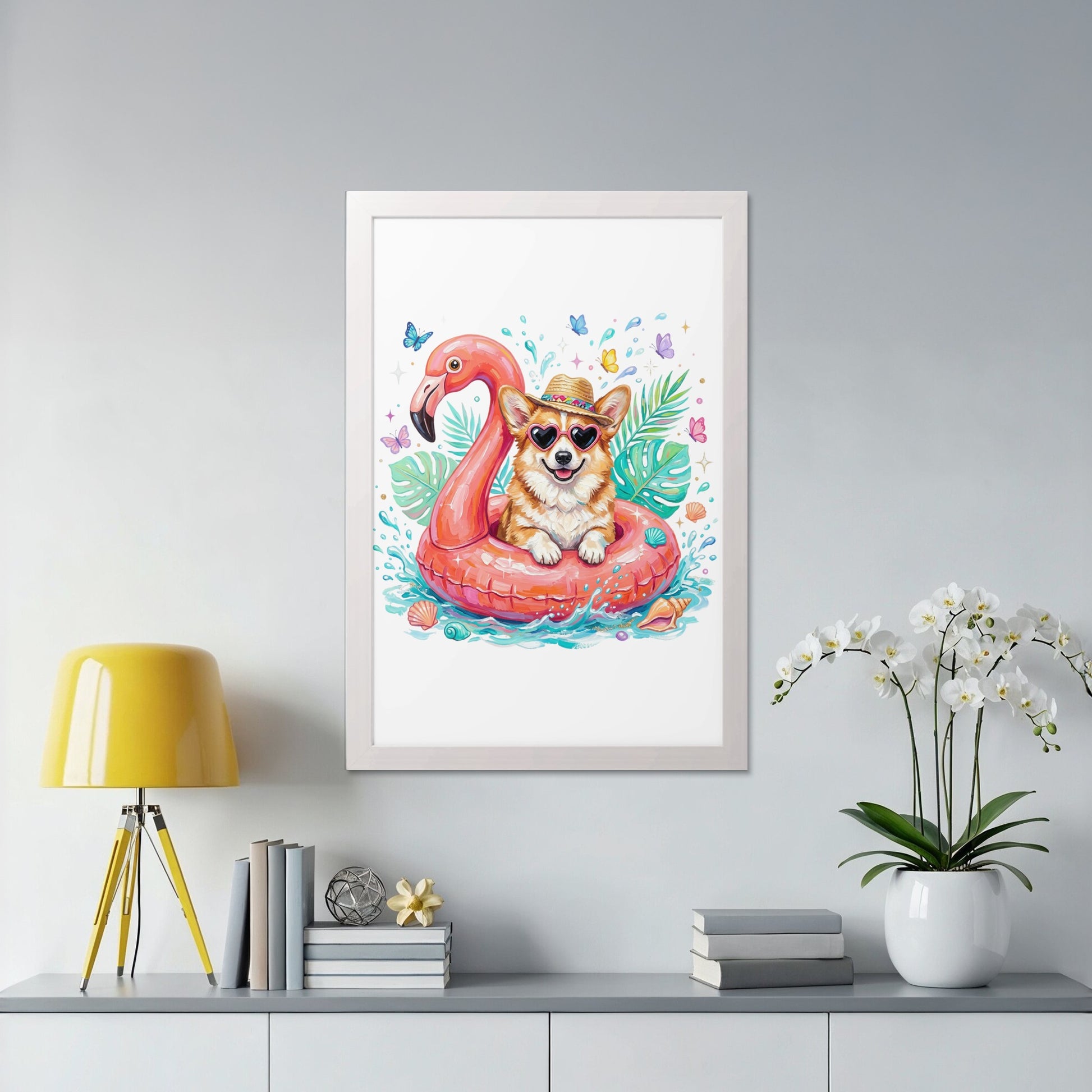 Corgi in flamingo floatie with sunglasses and hat at the beach.