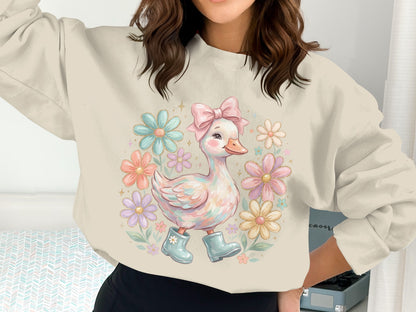 Cartoon duck wearing blue boots, pink bow, surrounded by pastel flowers.