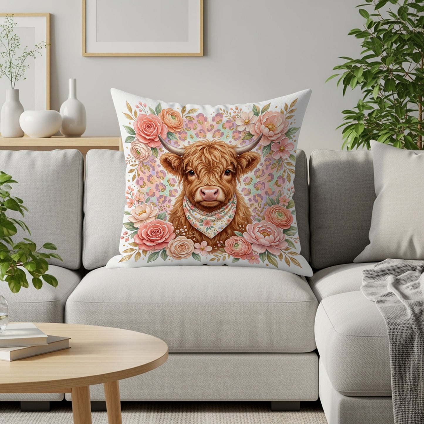 Highland cow with bandana on floral pillow on a couch.