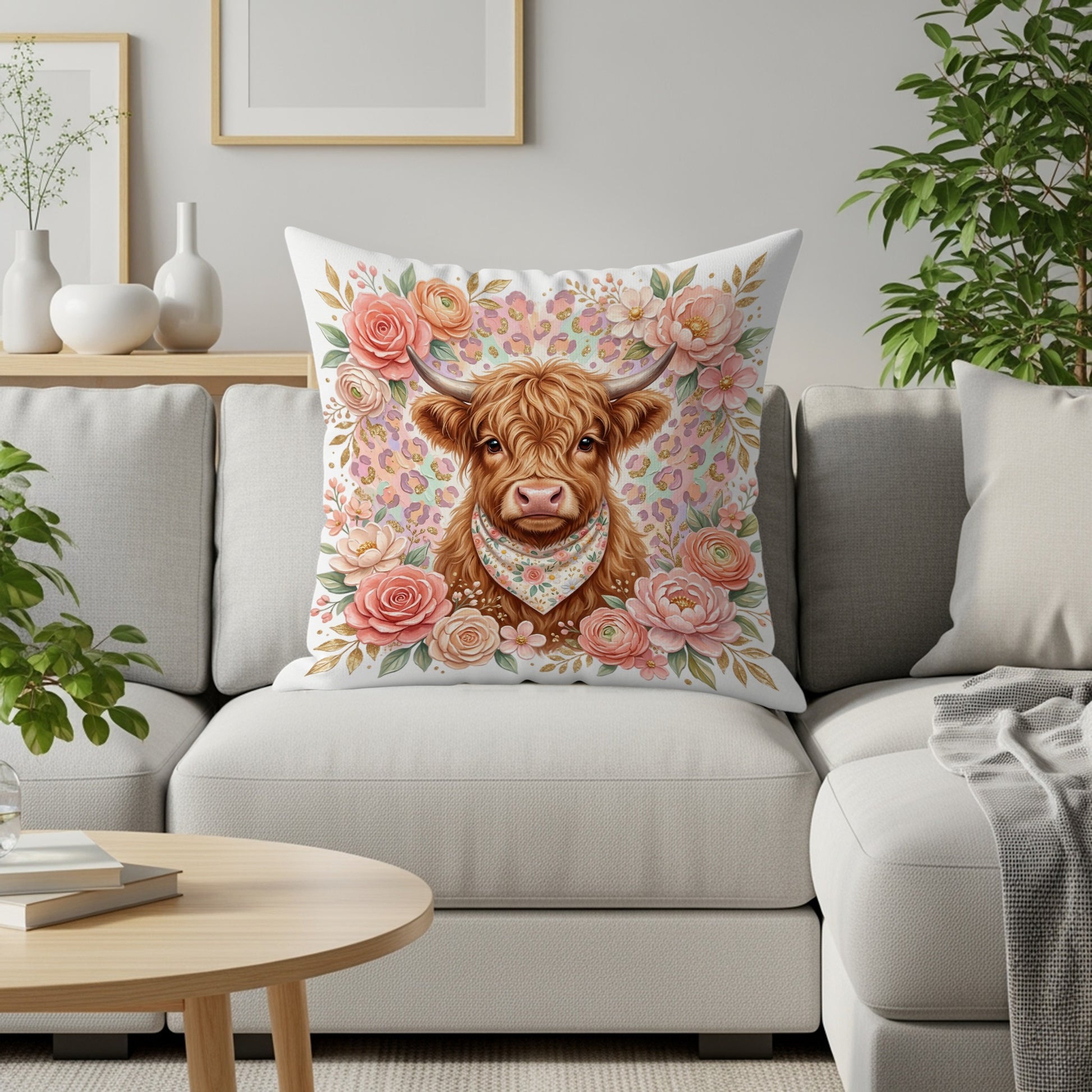 Highland cow with bandana on floral pillow on a couch.