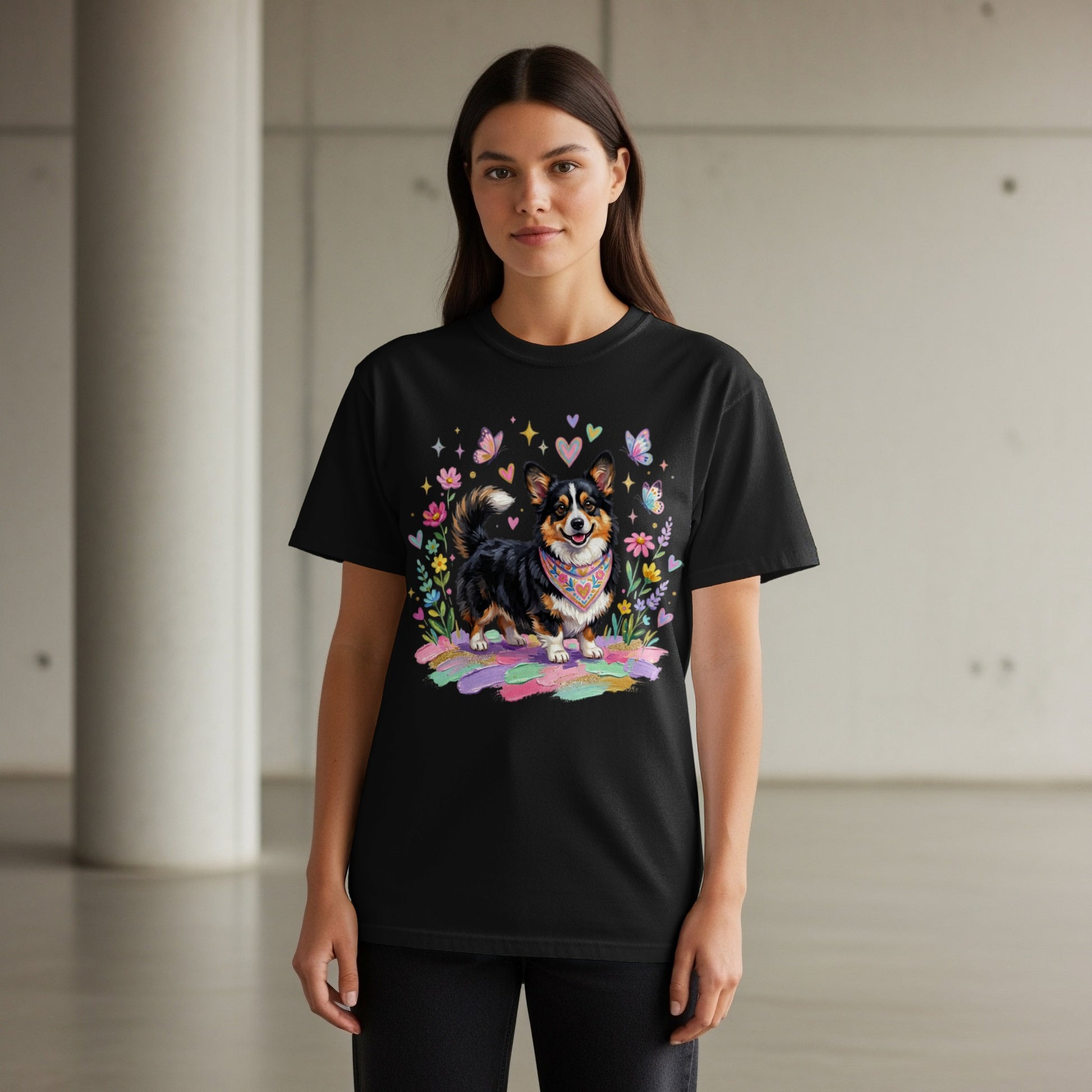 Black t-shirt with a cute corgi dog wearing a bandana, surrounded by flowers and hearts.