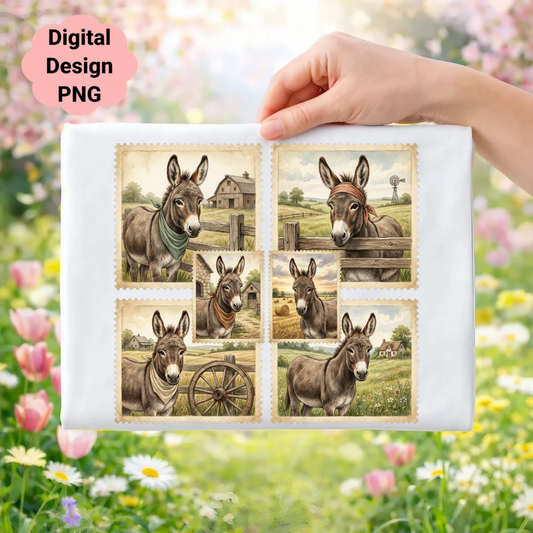 Donkey farm vignettes on a white background with floral bokeh.