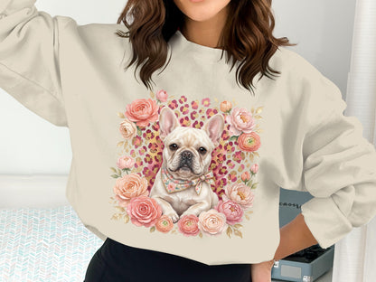 French bulldog wearing a bandana surrounded by floral and leopard print.