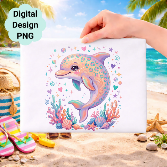 Cute cartoon dolphin surrounded by colorful sea elements on a beach background.
