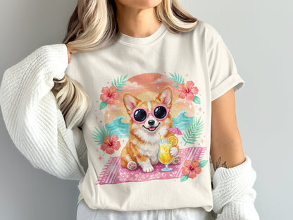 Corgi wearing sunglasses on a beach towel with a drink, hibiscus flowers, and palm fronds.