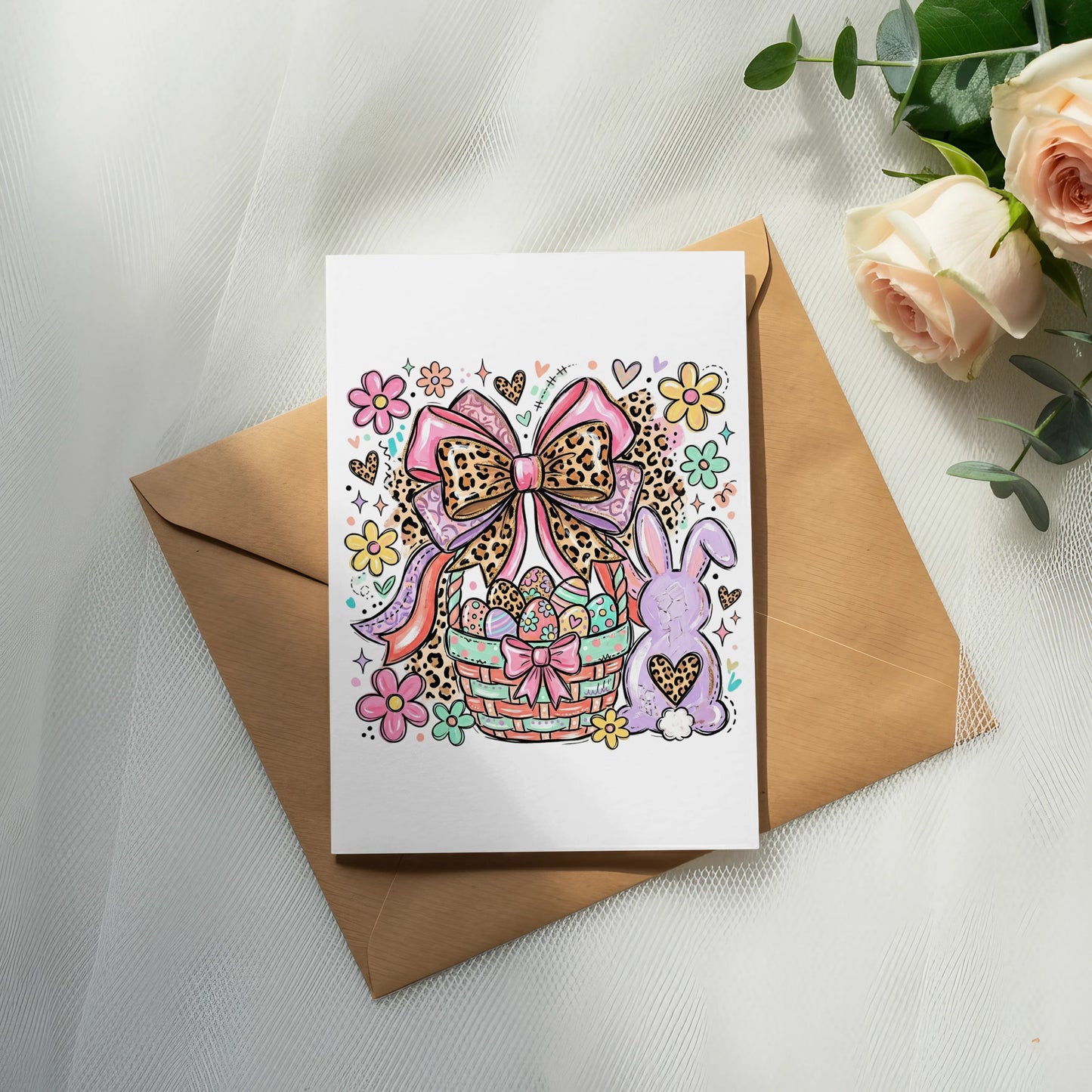Easter card with a basket of eggs, bunny, and bow on an envelope.