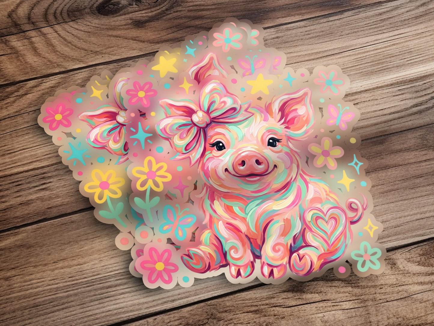 Cute cartoon pig with pastel colors and flowers.
