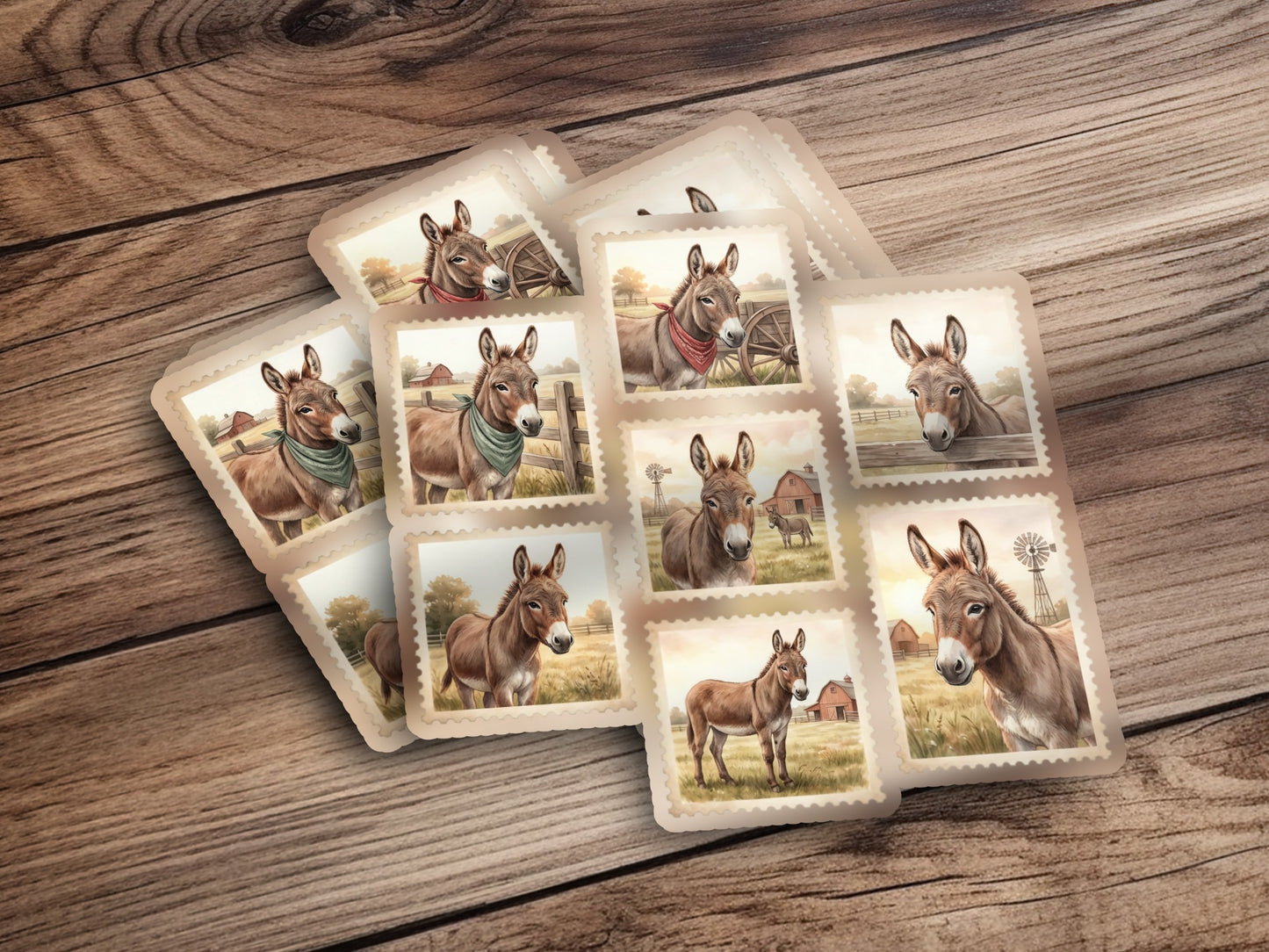 Collection of donkey stamps on a wooden background.