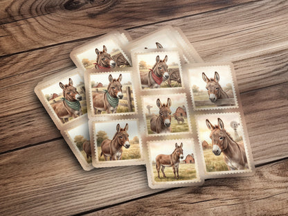 Collection of donkey stamps on a wooden background.