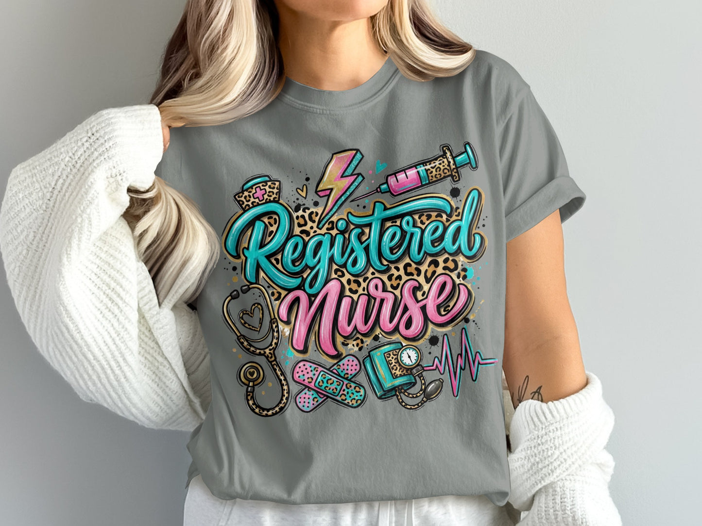 Grey t-shirt with "Registered Nurse" text and medical icons.