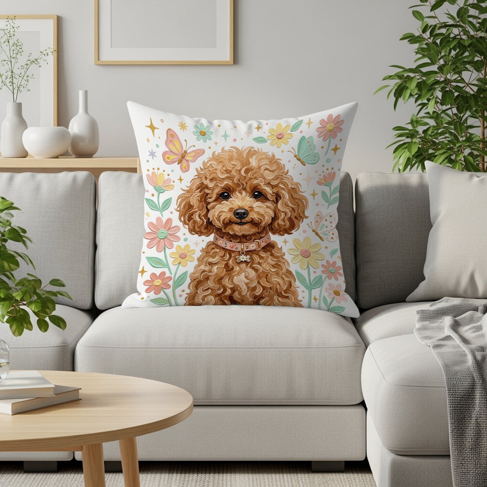 Fuzzy brown poodle wearing a floral collar, on a cushion with flowers and butterflies.