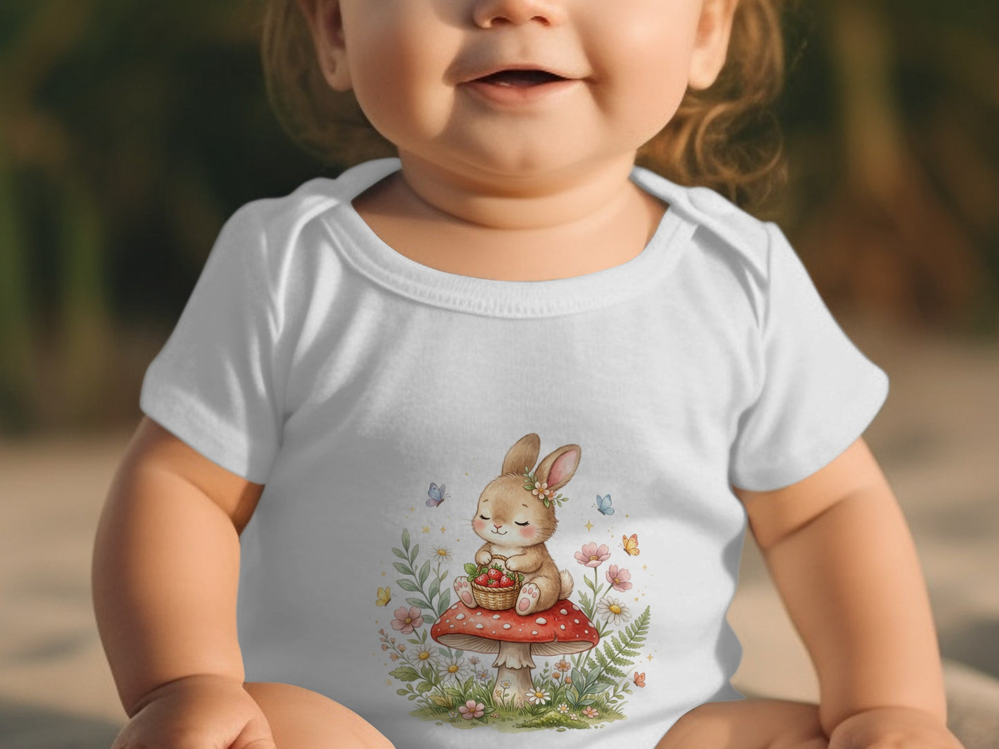 Baby in white bodysuit with a bunny and mushroom graphic.