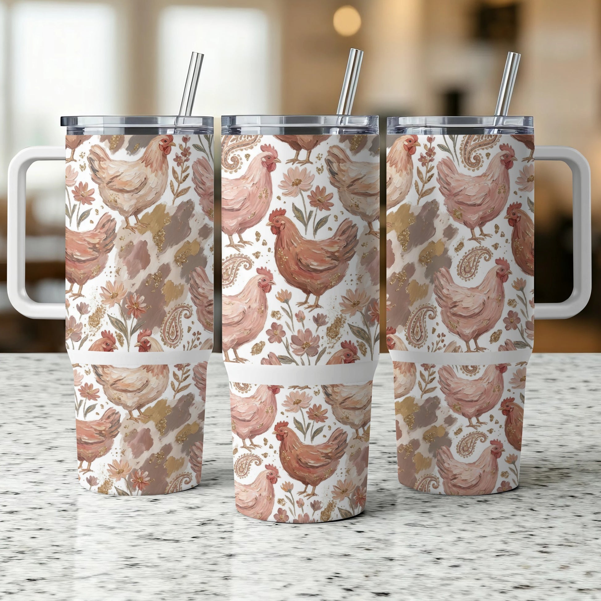 Three insulated tumblers with a chicken and floral paisley pattern.