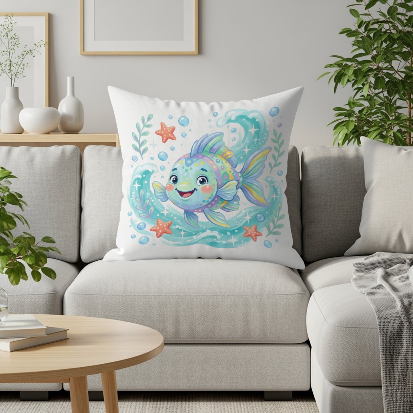 Whimsical cartoon fish with starry eyes swimming in bubbly water.