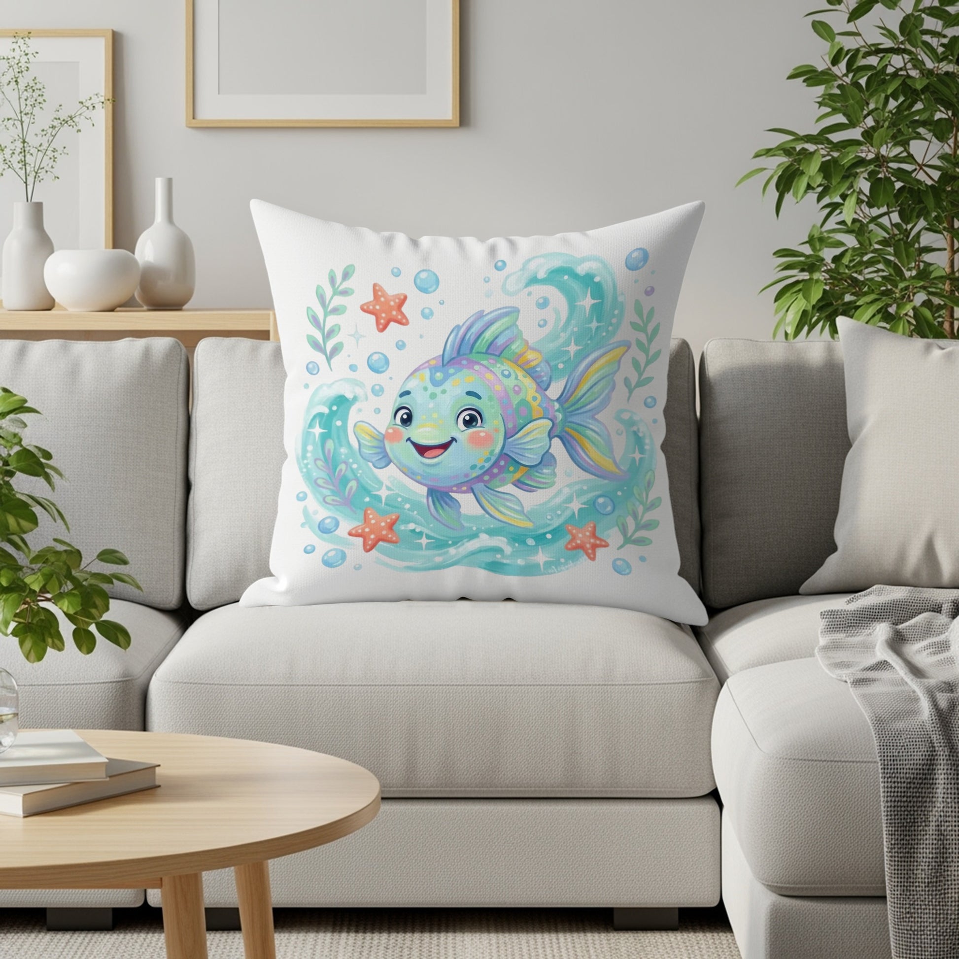 Whimsical cartoon fish with starry eyes swimming in bubbly water.