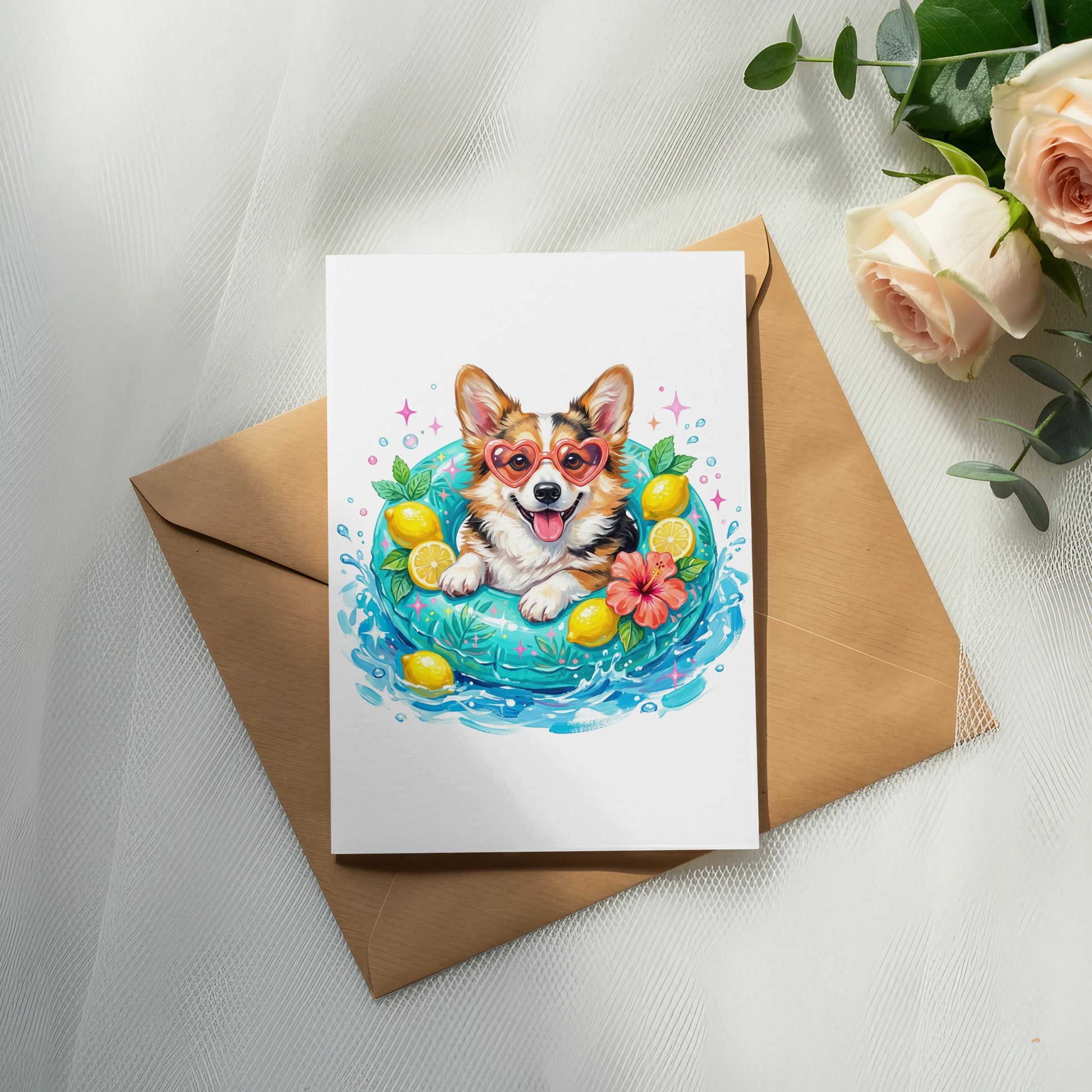 Card with corgi wearing heart sunglasses in a pool float.