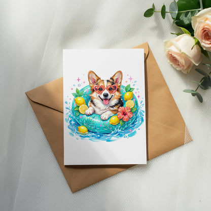 Card with corgi wearing heart sunglasses in a pool float.