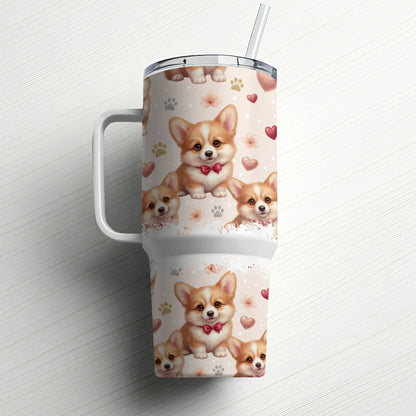Corgo puppies with red bows on a patterned tumbler with straw.