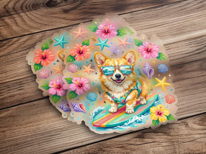 Corgi surfer in sunglasses rides a rainbow wave surrounded by seashells and hibiscus flowers.