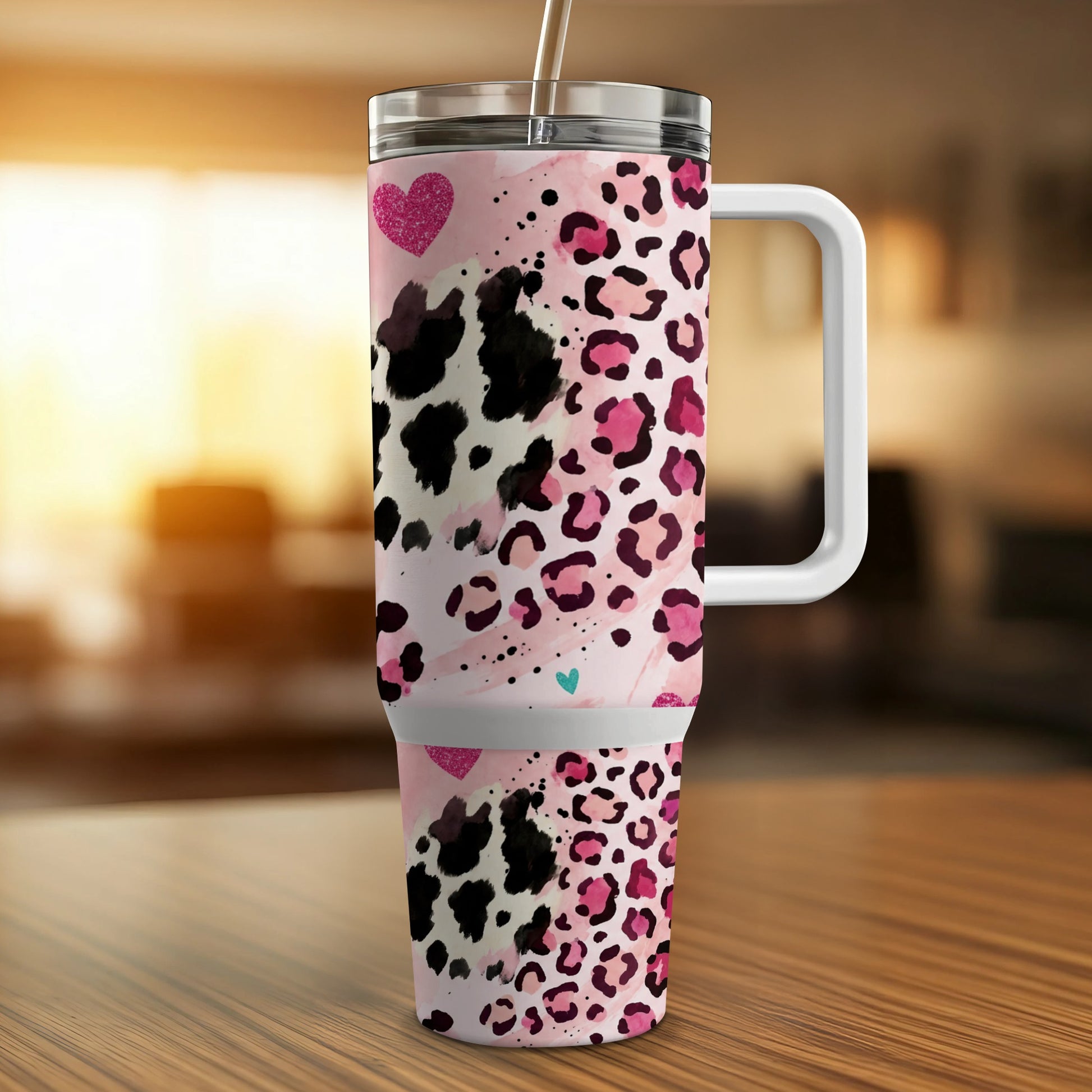 Pink and black cow print tumbler with hearts and glitter accents.