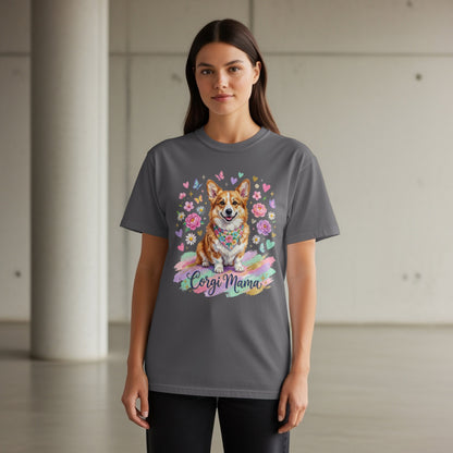 Corgi Mama graphic t-shirt with corgi, flowers, and hearts.
