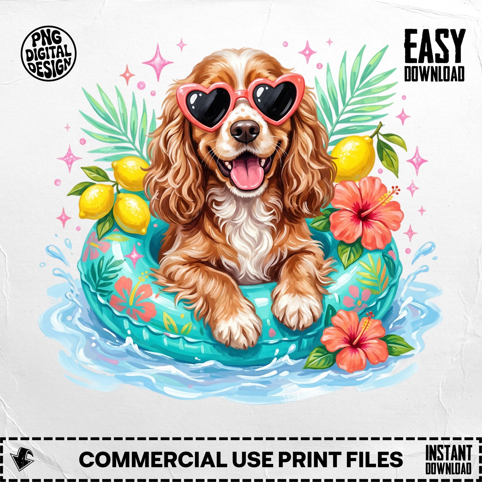 Cavalier King Charles Spaniel wearing sunglasses in a pool float.