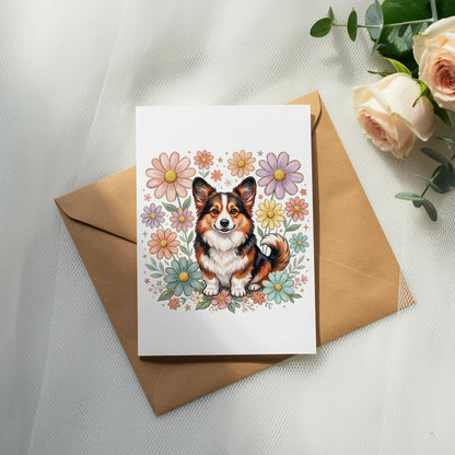 Card featuring a corgi surrounded by colorful cartoon flowers on a brown envelope.