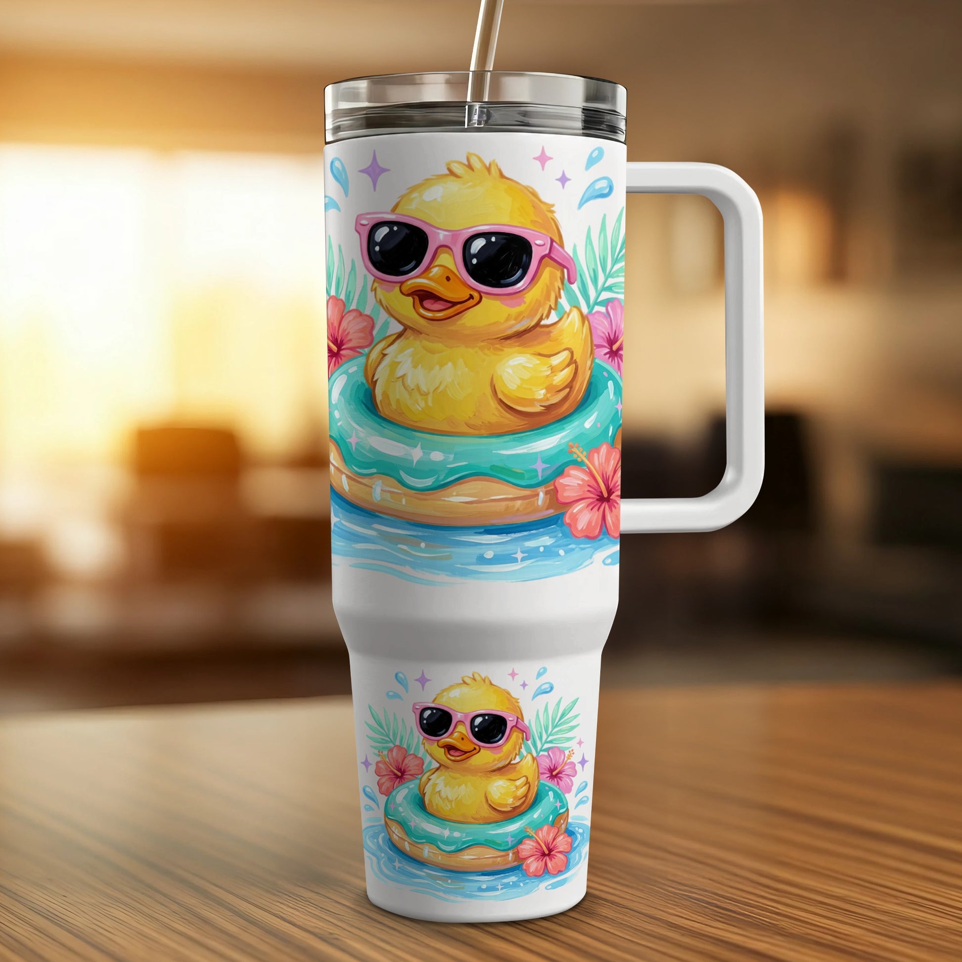 Ducks in sunglasses float on inflatable rings, displayed on a tumbler.
