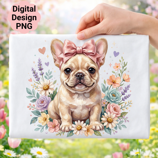 French bulldog wearing a pink bow amidst colorful flowers.