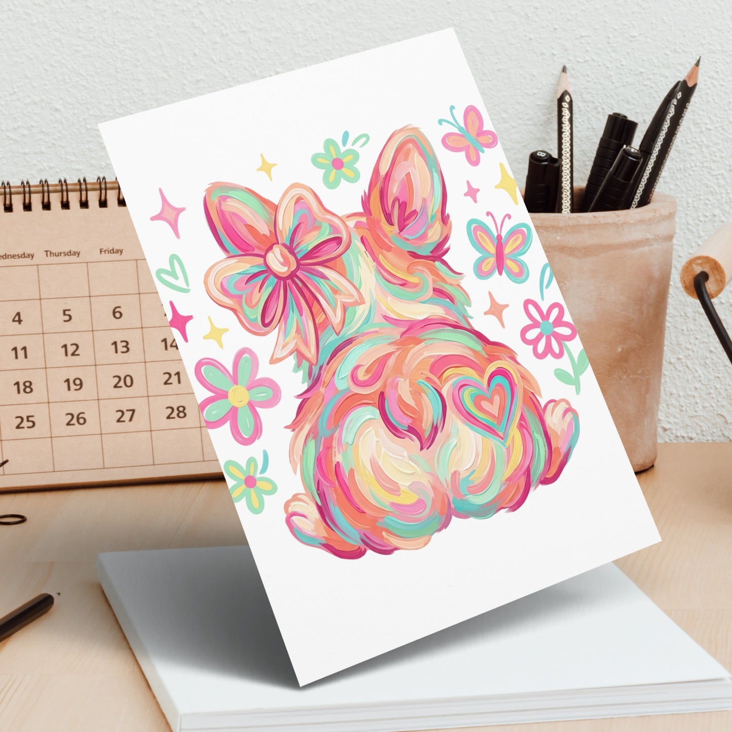 Colorful illustration of a fluffy dog with a bow, surrounded by flowers and butterflies.