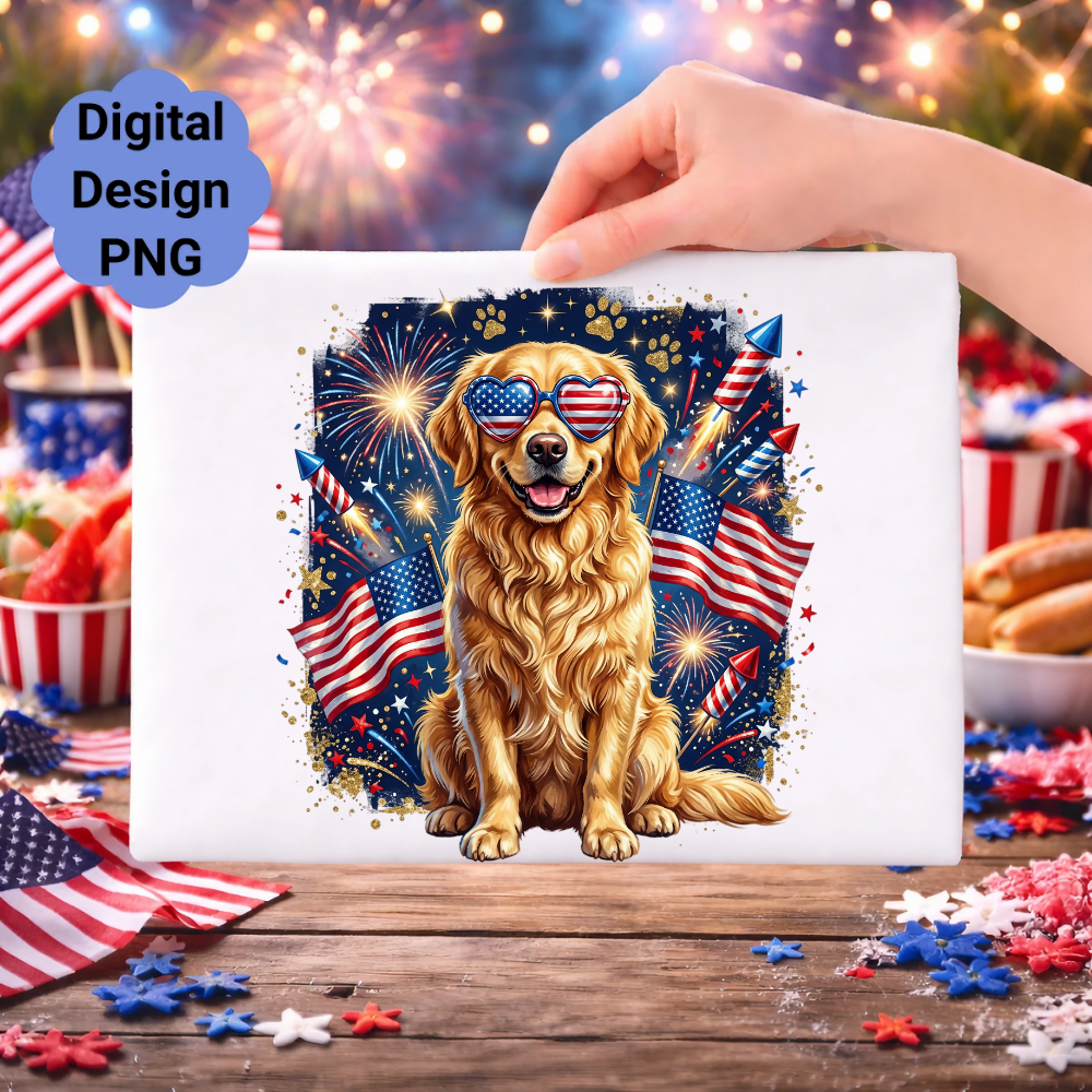 Golden Retriever wearing heart sunglasses with fireworks and American flags.