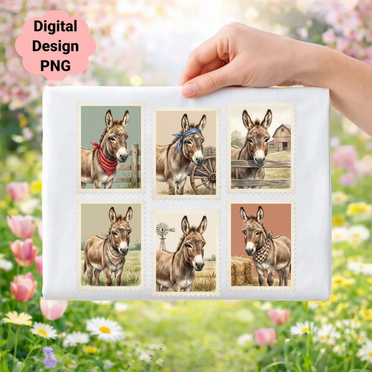 Six postage stamps featuring donkeys in rustic settings.