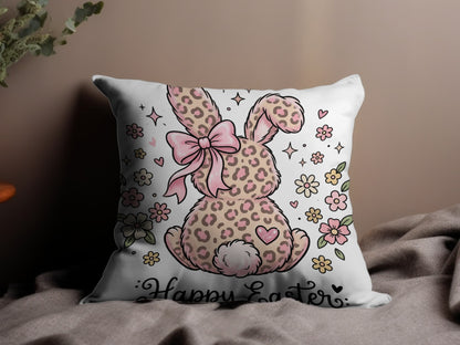 Pink bow on a leopard print Easter bunny with flowers and "Happy Easter" text.
