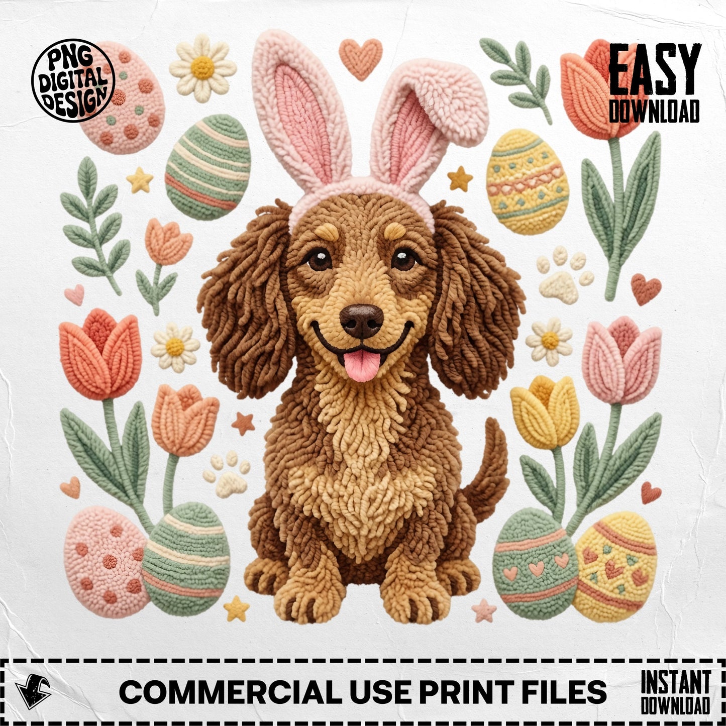 Dachshund wearing bunny ears with Easter eggs and tulips.