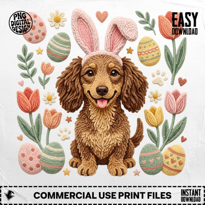 Dachshund wearing bunny ears with Easter eggs and tulips.