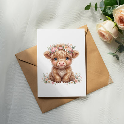 Fluffy calf with floral crown sits on card atop envelope, roses and eucalyptus nearby.