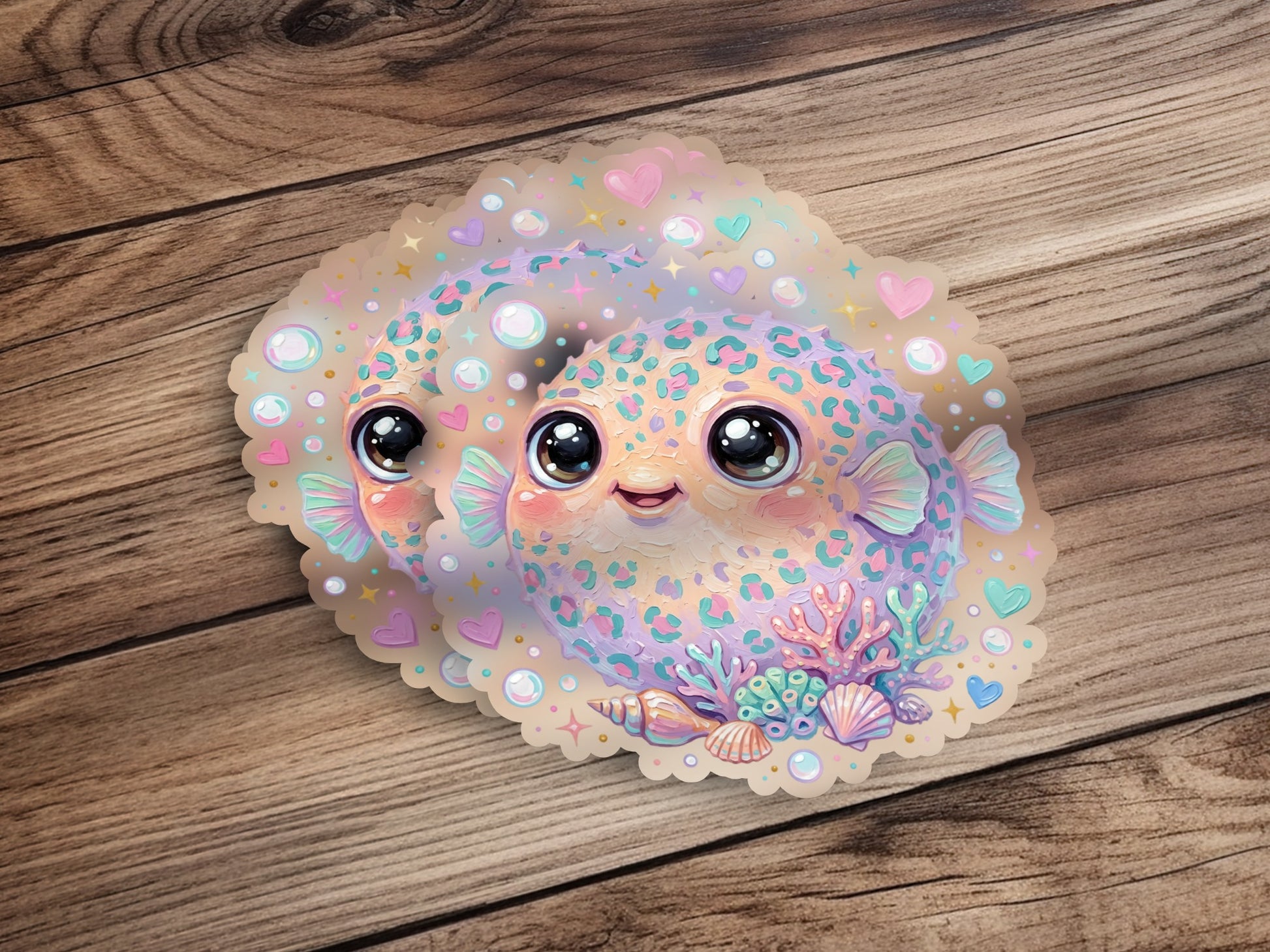 Two cute, pastel pufferfish with hearts and seashells on a wooden background.