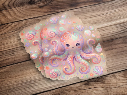 Cute pastel octopus sticker with shells and flowers on a wooden background.