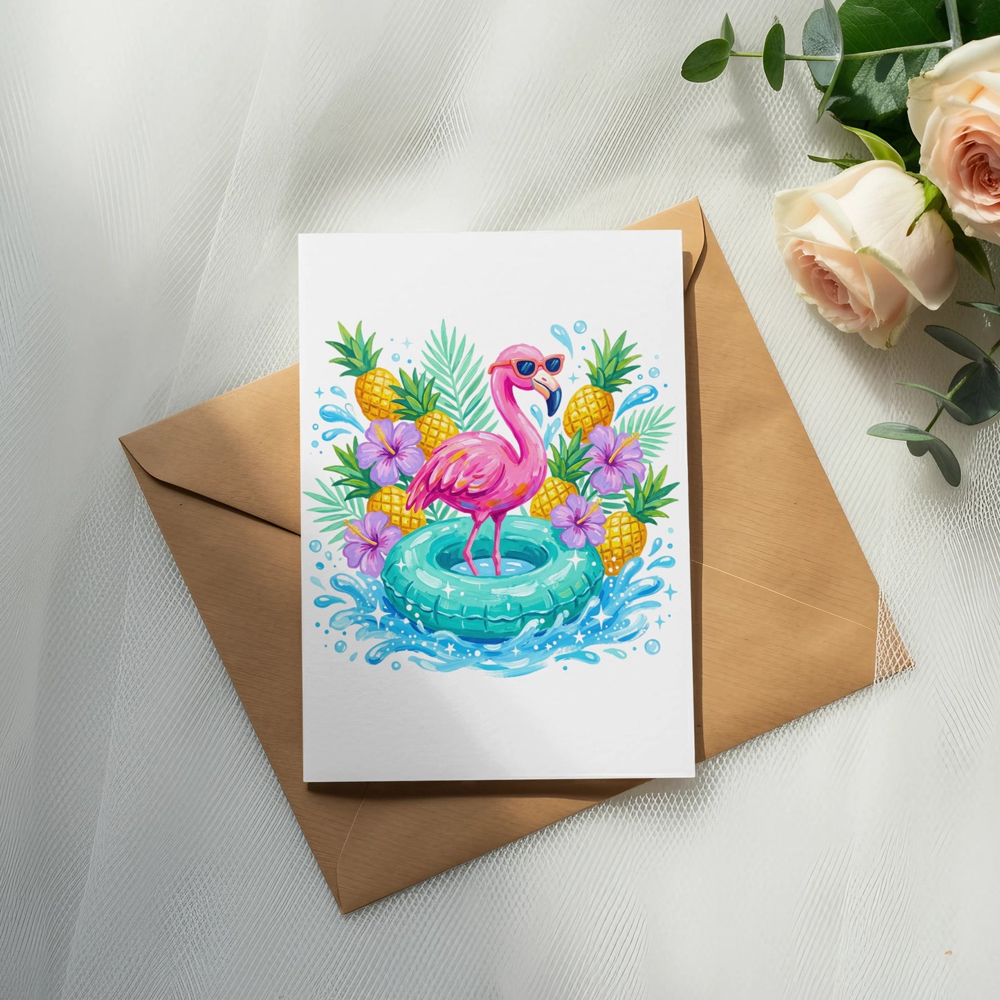 Flamingo with sunglasses on inner tube, surrounded by pineapples and flowers.