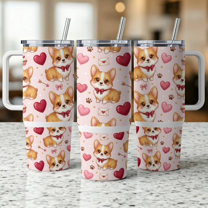 Three corgi dog tumblers with hearts and bows pattern.