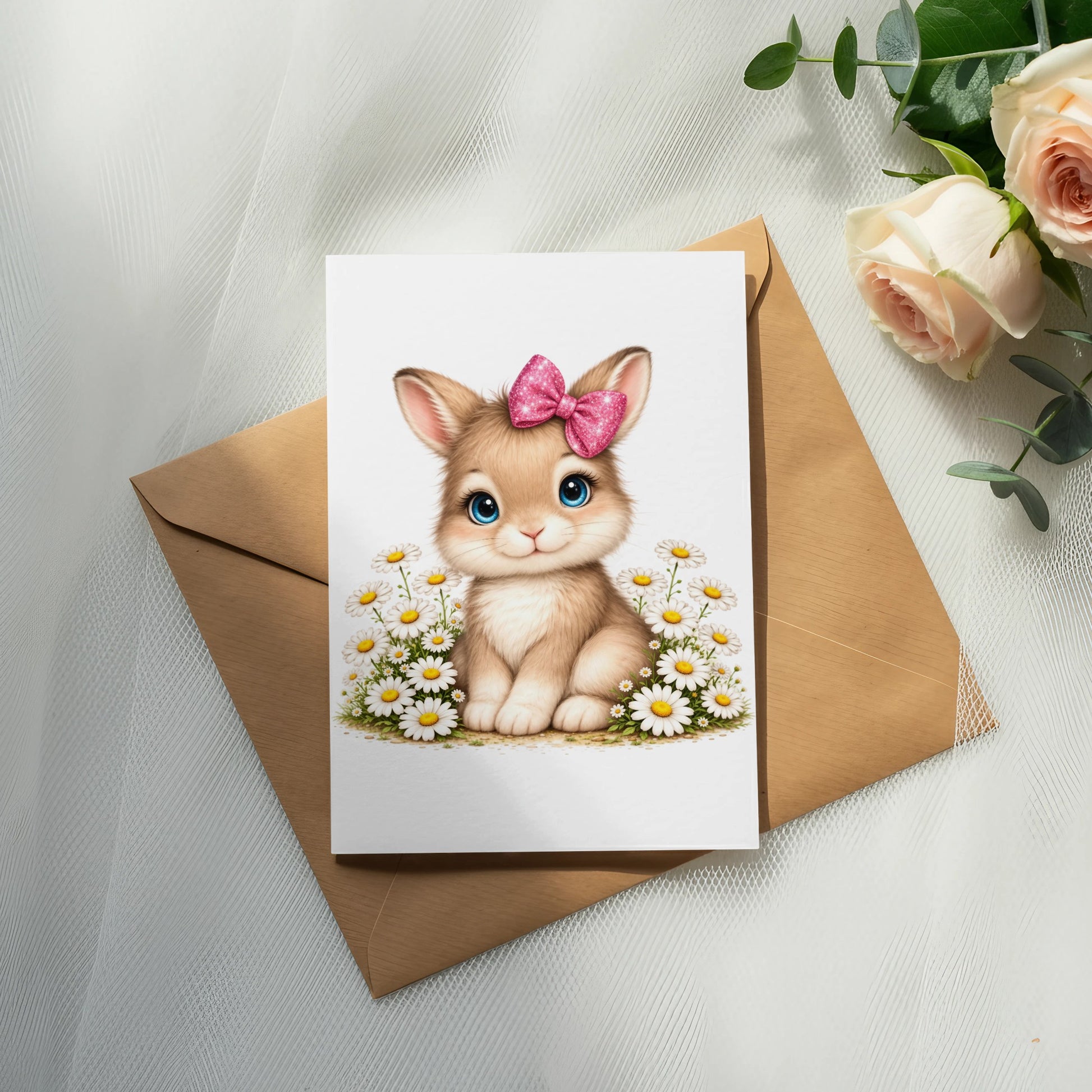 Cute bunny with pink bow on card surrounded by daisies and rose petals.