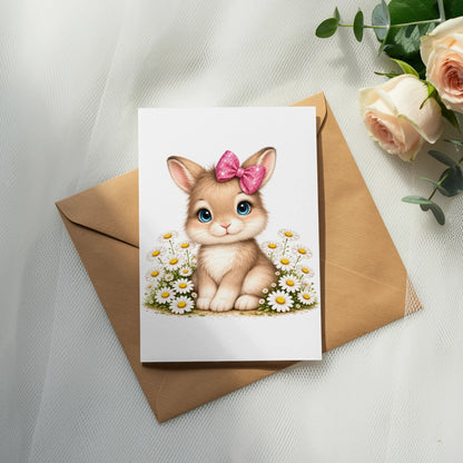 Cute bunny with pink bow on card surrounded by daisies and rose petals.