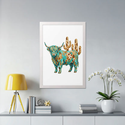Whimsical highland cow with turquoise and gold accents and saguaro cacti.