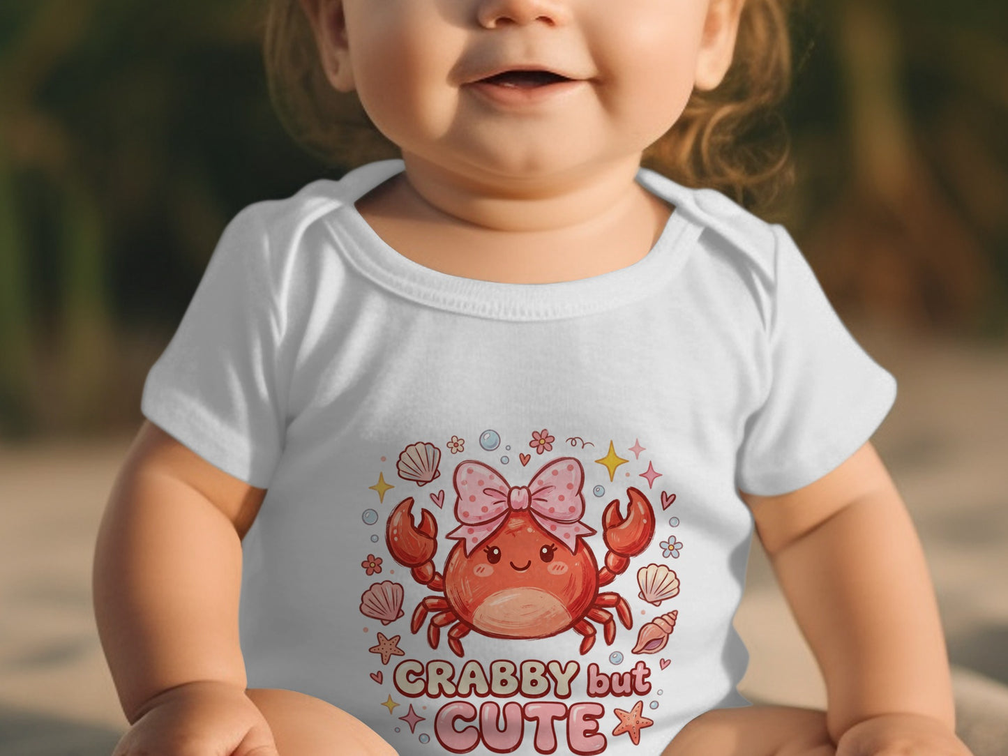 White baby onesie with a pink-bowed crab and "Crabby but CUTE" text.