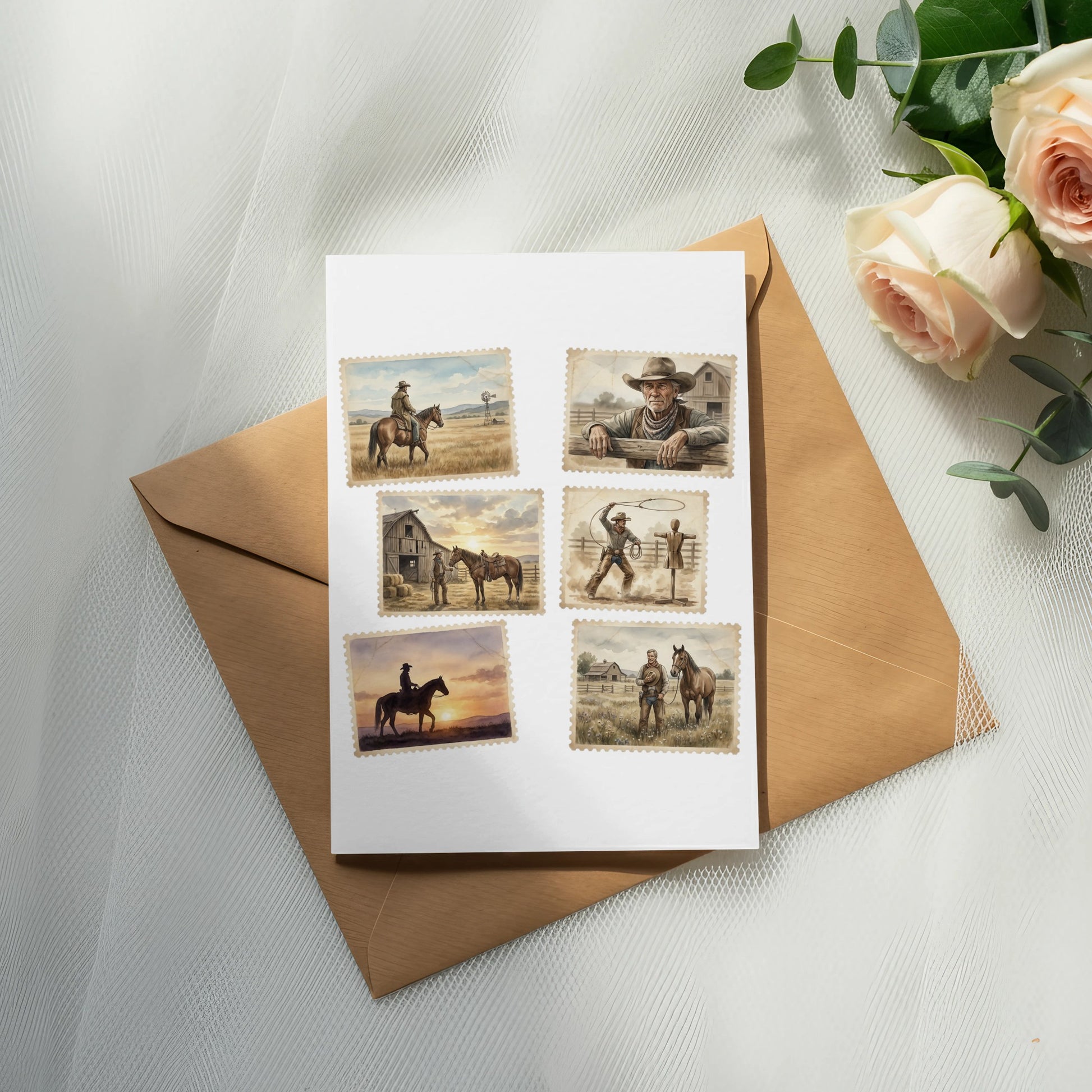 Five vintage-style stamps depicting cowboys and horses on a card.
