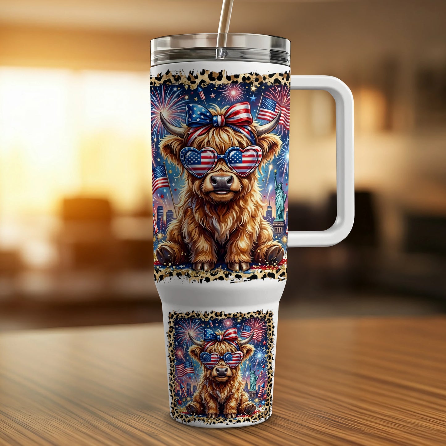 Highland cow wearing sunglasses with American flags and fireworks on a patriotic tumbler.