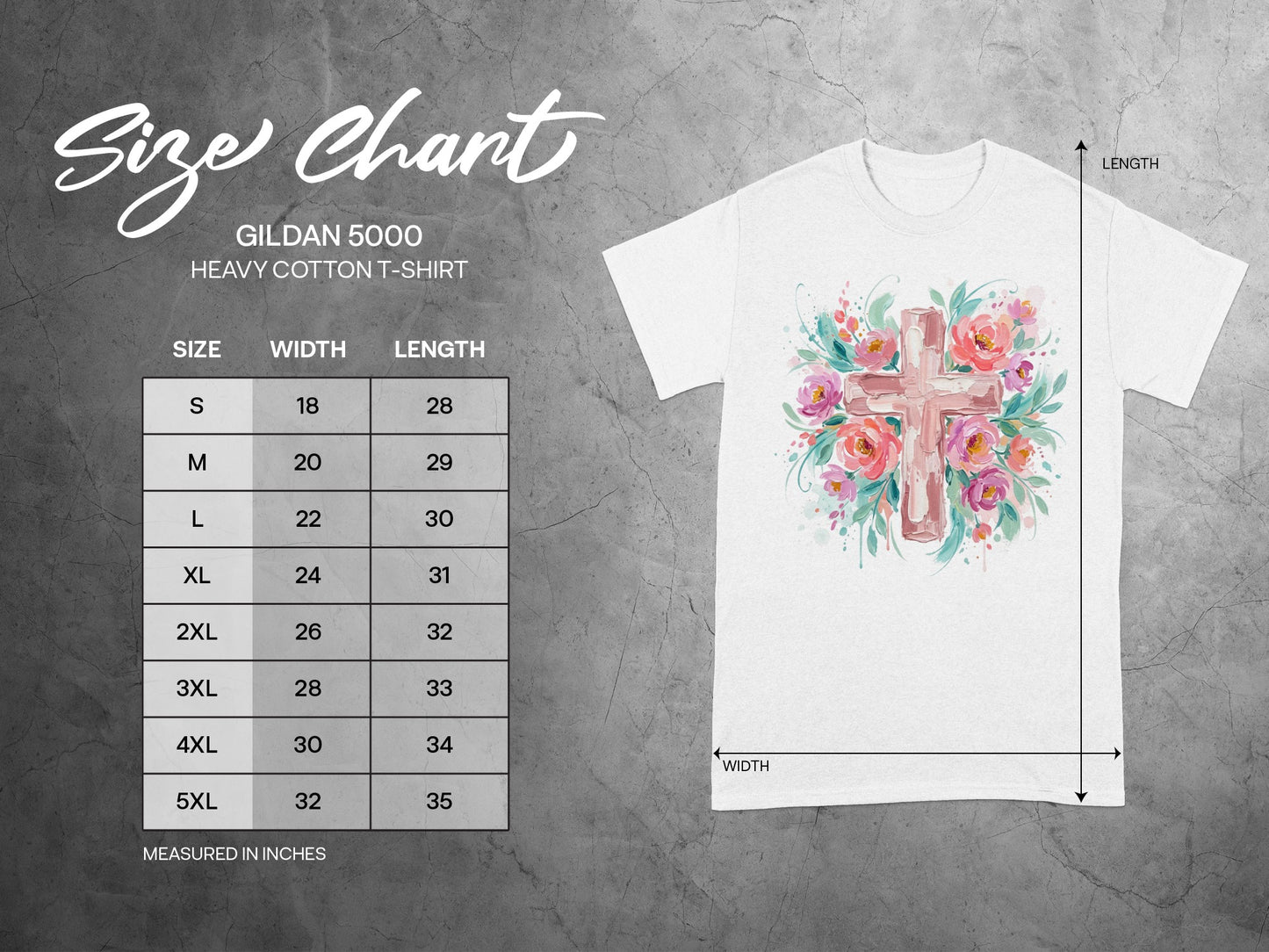Gildan 5000 Heavy Cotton T-shirt size chart with width and length measurements.