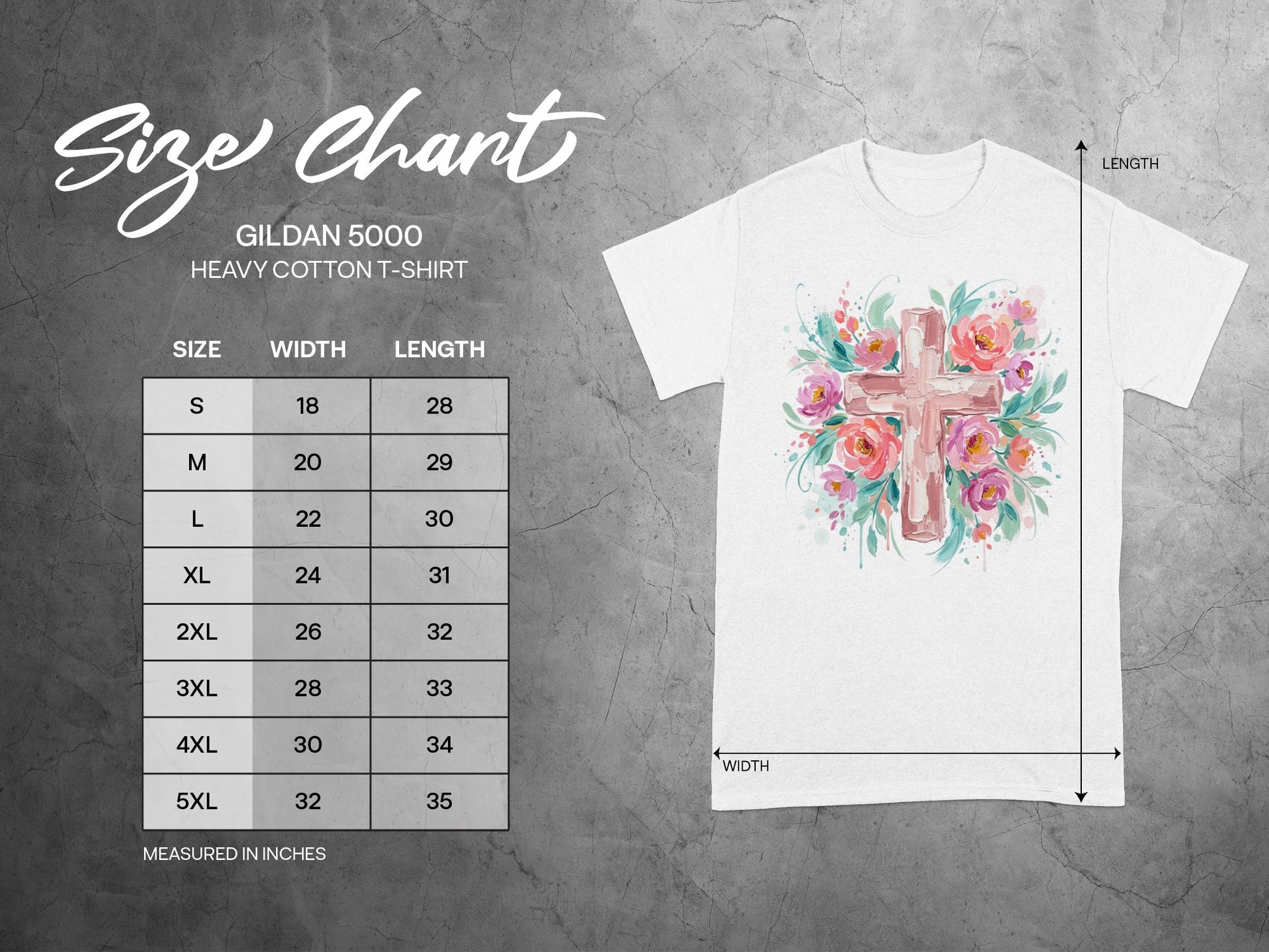 Gildan 5000 Heavy Cotton T-shirt size chart with width and length measurements.