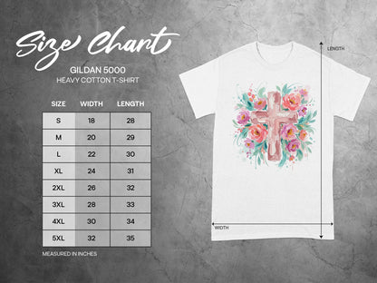 Gildan 5000 Heavy Cotton T-shirt size chart with width and length measurements.